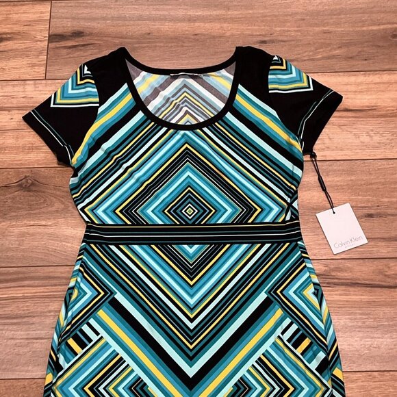 Calvin Klein Sheath Dress SZ 6 Pullover Stretch Turquoise Yellow Short Sleeve - Picture 2 of 11